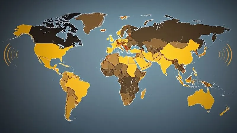 A photorealistic, professional photography, 8K, cinematic lighting, sharp focus, depth of field, shot on a high-end DSLR of a world map with various Spanish-speaking countries highlighted, each with a subtle, stylized soundwave emanating from them, representing different accents. The overall image should convey the rich linguistic diversity of the Spanish language across the globe, with a focus on connection and cultural exchange.