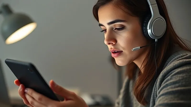 A photorealistic, professional photography, 8K, cinematic lighting, sharp focus, depth of field, shot on a high-end DSLR of a person with headphones, looking intensely at a tablet or phone screen, actively mimicking mouth shapes and sounds. The background is a minimalist, modern workspace, suggesting focused language learning. The shot emphasizes concentration and the physical act of pronunciation practice.