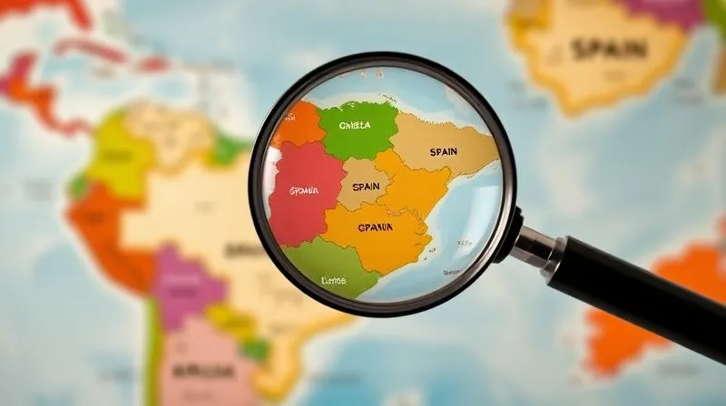 A photorealistic, professional photography, 8K, cinematic lighting, sharp focus, depth of field, shot on a high-end DSLR of a stylized, vibrant map of the Americas and Spain, with distinct, subtle color overlays or texture patterns representing different regional Spanish accents. The image should convey the rich tapestry of the language, emphasizing diversity and interconnectedness rather than division. A magnifying glass hovers over a specific region, symbolizing focused learning.