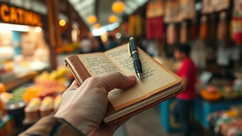 A close-up, photorealistic shot of a traveler's hand holding a worn leather journal and a pen, with a blurred background of a bustling foreign market. The journal has quick sketches and handwritten notes. Cinematic lighting, sharp focus on the hand and journal, depth of field, 8K, shot on a high-end DSLR.