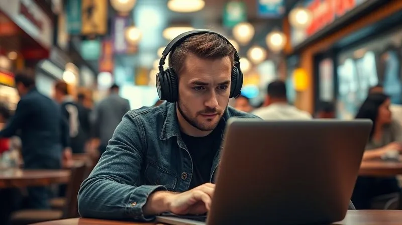 A digital nomad with noise-cancelling headphones, intensely focused on a laptop in a bustling, vibrant cafe in a foreign city. The background is slightly blurred, highlighting the concentration of the individual amidst the chaos. Photorealistic, professional photography, 8K, cinematic lighting, sharp focus on the nomad's face and laptop screen, depth of field, shot on a high-end DSLR.