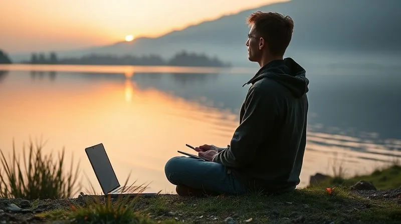 A digital nomad sitting peacefully by a calm lake at sunrise, meditating or simply observing the natural beauty. Their laptop and phone are closed and placed aside, out of focus. The focus is on the serenity and the connection with nature. Photorealistic, professional photography, 8K, cinematic lighting, sharp focus on the nomad and the serene water, depth of field, shot on a high-end DSLR.
