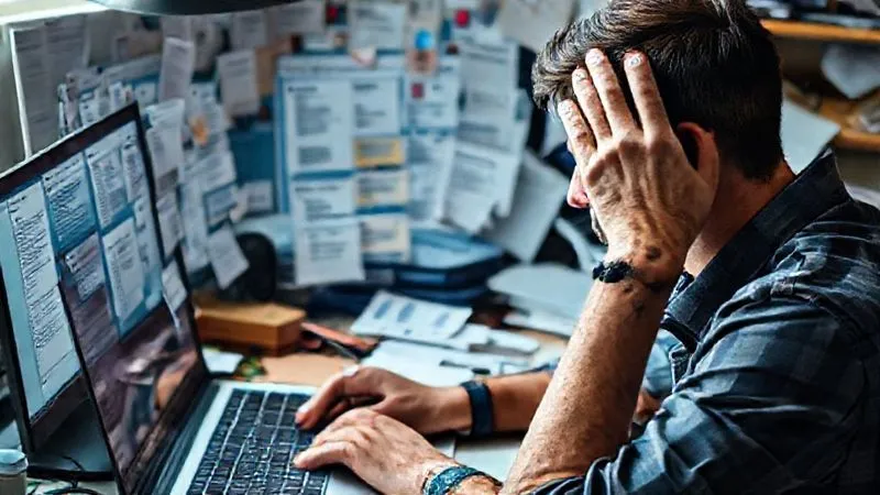A photorealistic, professional photography, 8K, cinematic lighting, sharp focus, depth of field, shot on a high-end DSLR, showing a digital nomad looking overwhelmed and frustrated at a laptop screen displaying a cluttered and disorganized Notion workspace. Numerous open pages, unlinked notes, and confusing databases are visible. The person has their hand on their forehead, conveying a sense of information overload and confusion. The background is a messy desk, reflecting the internal chaos.