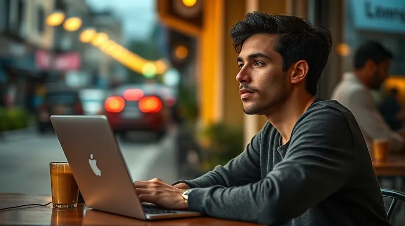 A photorealistic image of a digital nomad (diverse ethnicity, 30s) sitting at a cafe table, laptop open, but looking thoughtfully into the distance, a subtle analytical expression on their face. The background is a vibrant, slightly blurred street scene. Cinematic lighting, sharp focus on the nomad, 8K hyper-detailed, professional photography, shot on a high-end DSLR.