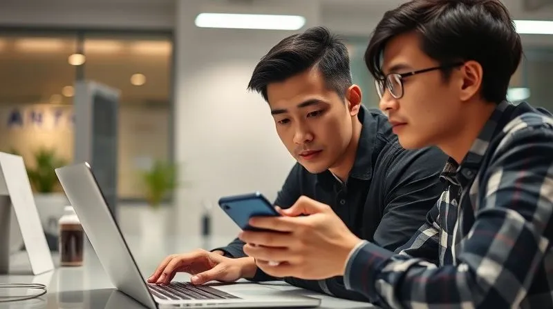 A photorealistic image of a digital nomad (East Asian, 20s) comparing information on two different screens – a laptop and a smartphone – with a focused, analytical expression. The background is a clean, modern coworking space. Cinematic lighting, sharp focus on the nomad and screens, 8K hyper-detailed, professional photography, shot on a high-end DSLR.