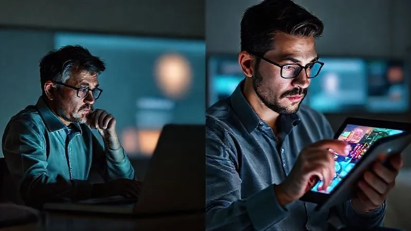 A photorealistic image showing two split screens. On the left, a person with a bored expression passively watching a long, static online lecture on a laptop. On the right, the same person with an engaged, focused expression, actively interacting with dynamic, colorful elements of an online course on a tablet, possibly touching the screen to answer a quiz or manipulate a 3D model. Cinematic lighting, sharp focus on faces and screens, depth of field. 8K hyper-detailed.