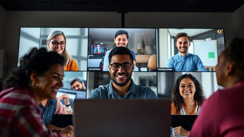 A photorealistic professional photography, 8K, cinematic lighting, sharp focus, depth of field shot on a high-end DSLR of a diverse group of digital nomads from different parts of the world, connected in a vibrant online video conference call. Each person is smiling and actively participating, with elements of their unique environments subtly visible. The screens display shared documents or collaborative whiteboards, emphasizing teamwork and connection despite geographical distance. The overall mood is positive and collaborative.