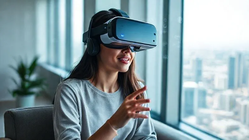 A photorealistic, professional photography, 8K, cinematic lighting, sharp focus, depth of field shot on a high-end DSLR of a young, diverse digital nomad wearing a sleek VR headset, sitting in a comfortable, minimalist workspace with a large window overlooking a bustling city. The nomad's hands are gesturing as if interacting with virtual objects. The virtual world projected on the headset (subtly visible or implied) shows a vibrant, futuristic educational environment with floating data and interactive learning modules. The scene conveys deep immersion and focus.