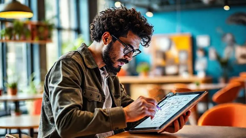 A diverse digital nomad deeply focused, sketching ideas or mind-mapping on a tablet in a vibrant co-working space, surrounded by inspirational elements and vibrant natural light. Photorealistic, professional photography, 8K, cinematic lighting, sharp focus on the nomad and tablet, depth of field blurring the background. No text or logos.