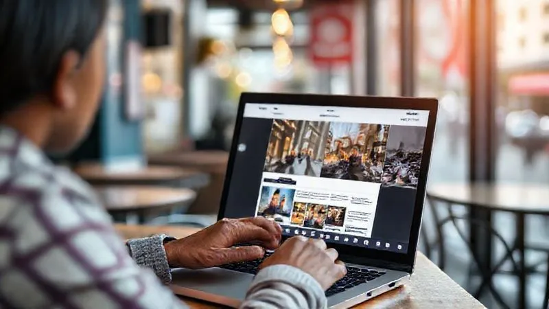 A digital nomad confidently presenting a blog post or video content on a laptop screen, with a blurred background of a bustling cafe or scenic outdoor location in a vibrant city. Photorealistic, professional photography, 8K, cinematic lighting, sharp focus on the laptop and the nomad's hands, depth of field blurring the background. No text or logos.