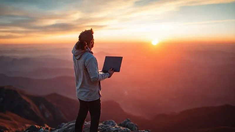 A digital nomad (diverse, 40s) standing confidently on a mountain peak, overlooking a vast, inspiring landscape at sunset, symbolizing overcoming challenges and achieving career stability. They hold a laptop, open, but looking at the horizon with a sense of accomplishment. Photorealistic, professional photography, 8K, cinematic lighting, sharp focus on the nomad, depth of field blurring the distant landscape. No text or logos.