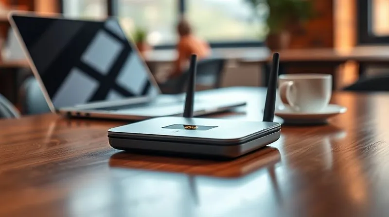 Photorealistic image of a sleek, modern portable 5G Wi-Fi router (MiFi device) sitting on a polished wooden table in a well-lit co-working space, with a blurred laptop and coffee cup in the background. The device has a small, illuminated screen showing signal strength, cinematic lighting, sharp focus, depth of field, 8K hyper-detailed, professional photography.