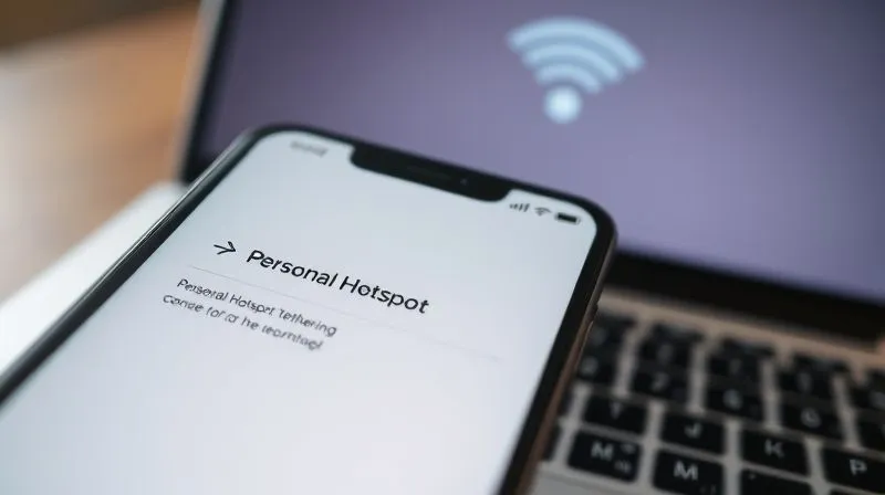 A photorealistic close-up of a smartphone screen displaying the 'Personal Hotspot' or 'Tethering' settings, with a laptop in the background showing a Wi-Fi symbol indicating connection. Cinematic lighting, sharp focus on the phone screen, depth of field, 8K hyper-detailed, professional photography.