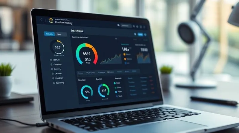 A photorealistic image of a laptop screen displaying a network monitoring dashboard with real-time graphs of internet speed, latency, and data usage. The screen is sharp and clear, with a blurred background of a modern desk setup. Cinematic lighting, sharp focus, depth of field, 8K hyper-detailed, professional photography.