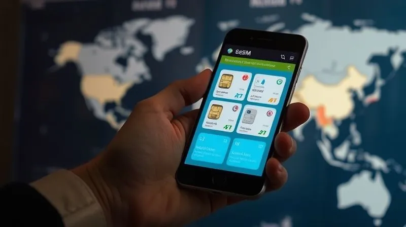 A photorealistic image of a person's hand holding a smartphone, with various virtual eSIM cards visible on the screen, indicating different data plans for different countries. A blurred world map is in the background. Cinematic lighting, sharp focus on the phone screen, depth of field, 8K hyper-detailed, professional photography.