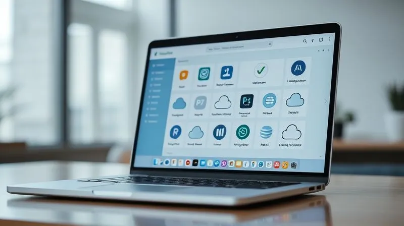 A photorealistic, professional photography, 8K, cinematic lighting, sharp focus on a minimalist, organized digital workspace on a laptop screen, showing various project management apps and cloud storage icons neatly arranged. The background is slightly blurred, suggesting a modern, clean environment. Depth of field, shot on a high-end DSLR, conveying efficiency and calm.