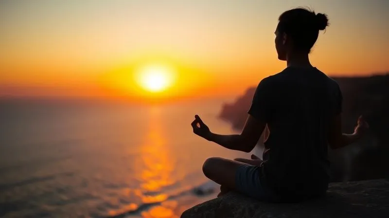 A photorealistic, professional photography, 8K, cinematic lighting, sharp focus on a person meditating calmly on a cliff overlooking a breathtaking ocean sunset. The person is silhouetted, conveying peace and introspection. The colors of the sunset are vibrant, and the scene is tranquil and inspiring. Depth of field, shot on a high-end DSLR, emphasizing mental well-being in a nomadic lifestyle.