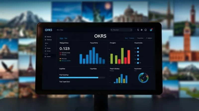 A photorealistic image of a minimalist digital dashboard displaying clear, concise OKRs (Objectives and Key Results) with progress bars, surrounded by blurred travel photos in the background, cinematic lighting, sharp focus on the dashboard, 8K hyper-detailed.