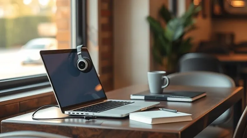 A photorealistic image of a digital nomad's temporary yet highly functional workspace set up in a cozy cafe, featuring a laptop, noise-canceling headphones, and a minimal notebook. Soft, natural light streams in through a window, illuminating the sharp focus on the setup. The background shows a subtly blurred, inviting cafe atmosphere, 8K hyper-detailed, professional photography.