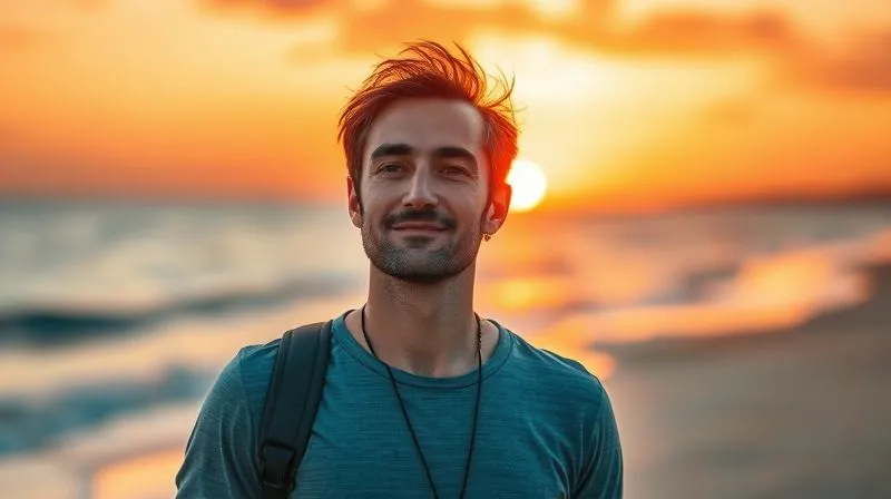 A photorealistic image of a digital nomad enjoying a mindful walk on a beautiful beach at sunset, looking relaxed and refreshed. The focus is on the person's serene expression, with the vibrant colors of the sunset and ocean creating a stunning, blurred background. 8K hyper-detailed, professional photography, evoking balance and well-being.