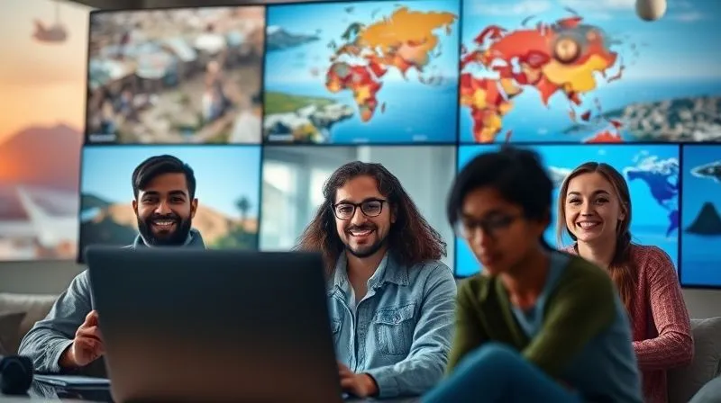 photorealistic, professional photography, 8K, cinematic lighting, sharp focus, depth of field, shot on a high-end DSLR. A diverse team of digital nomads, each in a different remote location, visibly engaged in a productive video conference call. Their faces are lit by the screens, showing expressions of focus and collaboration. The background is a mix of blurred exotic sceneries, symbolizing global reach and seamless connection. The overall image conveys efficiency and positive teamwork.
