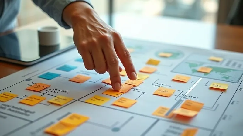A photorealistic image of a detailed project roadmap laid out on a table, with small, colorful sticky notes indicating milestones and tasks. A hand is pointing to a specific task, symbolizing clarity and direction. The background shows a blurry map of the world, emphasizing remote work. cinematic lighting, sharp focus, depth of field, 8K, shot on a high-end DSLR.