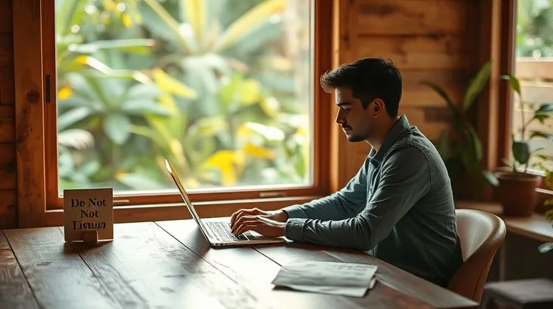 A photorealistic image of a digital nomad working intensely on a laptop at a rustic wooden desk, bathed in soft, natural light coming from a window overlooking a lush jungle. There's a 'Do Not Disturb' sign subtly placed on the desk, emphasizing deep focus. The atmosphere is calm and productive. cinematic lighting, sharp focus, depth of field, 8K, shot on a high-end DSLR.