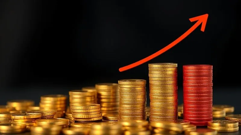 A photorealistic image of a rising bar graph made of golden coins, symbolizing exponential profit growth, contrasted with a smaller, declining bar graph made of red coins, representing decreasing acquisition costs. Cinematic lighting, sharp focus, 8K, depth of field. Shot on a high-end DSLR.