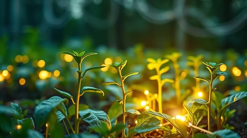 A photorealistic image of a digital garden with glowing data streams intertwining around growing plants, symbolizing lead nurturing. Each plant represents a different lead segment, receiving personalized light and water. Cinematic lighting, sharp focus, 8K, depth of field. Shot on a high-end DSLR.