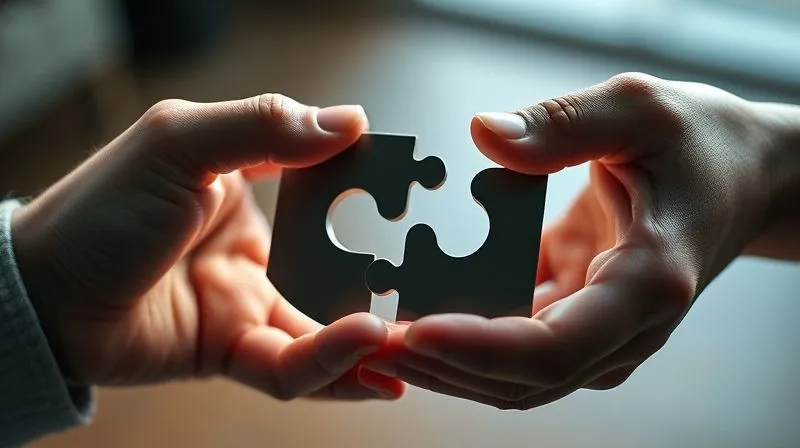 A photorealistic image of two hands interlocking puzzle pieces, one piece representing a core product and the other a complementary service, forming a complete, growing circle. Cinematic lighting, sharp focus, 8K, depth of field. Shot on a high-end DSLR.