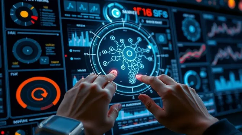 A photorealistic image of a futuristic control panel displaying intricate data visualizations and graphs, with a holographic representation of a customer journey map. Human hands are interacting with touch screens, symbolizing data analysis and AI-driven decision-making. Cinematic lighting, sharp focus, 8K, depth of field. Shot on a high-end DSLR.