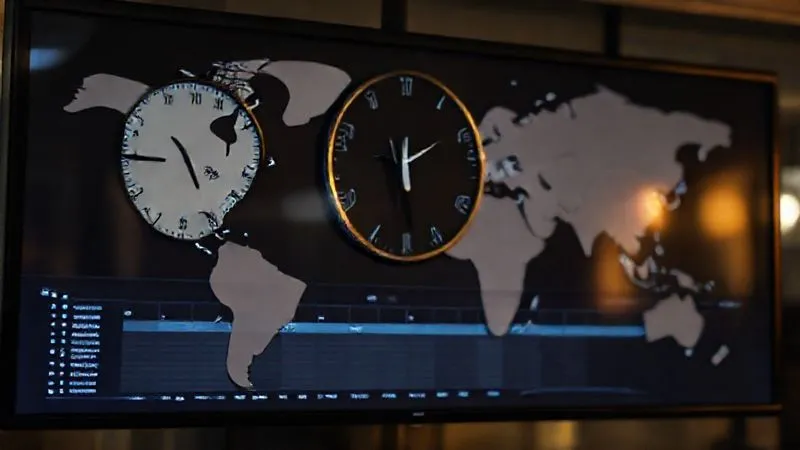 A photorealistic image of a world clock displaying multiple time zones, with some clocks showing early morning and others late night, casting a subtle shadow over a project timeline displayed on a screen. Professional photography, 8K, cinematic lighting, sharp focus on the clocks, depth of field blurring the background.