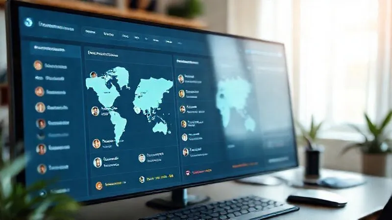 A photorealistic image of a digital dashboard showing project management software with tasks assigned to different team members across various time zones. Icons representing different continents are visible next to names. The interface is clean and modern, bathed in soft, natural light, suggesting efficiency and clarity. Professional photography, 8K, cinematic lighting, sharp focus on the dashboard, depth of field blurring a subtle background of a home office setup.