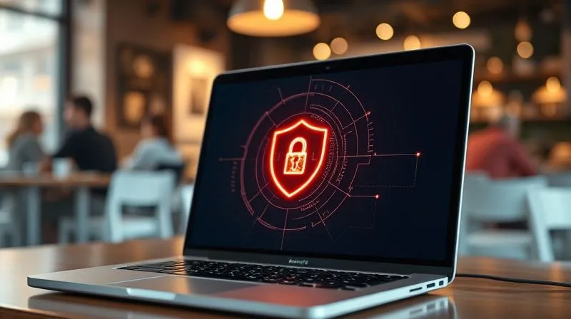 A photorealistic image of a laptop screen displaying a glowing digital tunnel or shield icon, with abstract data flowing through it, symbolizing a secure VPN connection. The background shows a blurry cafe environment, emphasizing the contrast between public space and private connection. Cinematic lighting, sharp focus on the screen, depth of field. 8K hyper-detailed.