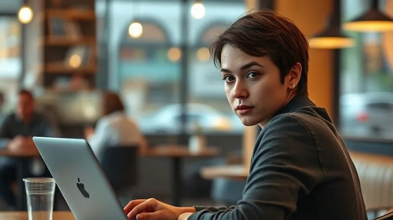 A photorealistic image of a person looking over their shoulder cautiously while working on a laptop in a cafe. The background shows blurred cafe patrons, with a subtle hint of someone observing from a distance. Cinematic lighting, sharp focus on the person, depth of field. 8K hyper-detailed.