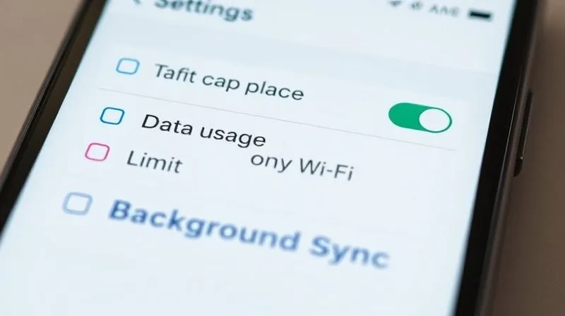 A photorealistic image of a smartphone screen showing a settings menu for an app, with clear toggles and options for 'Download only on Wi-Fi', 'Data Usage Limit', and 'Background Sync'. The screen is clean and user-friendly, with cinematic lighting and sharp focus.