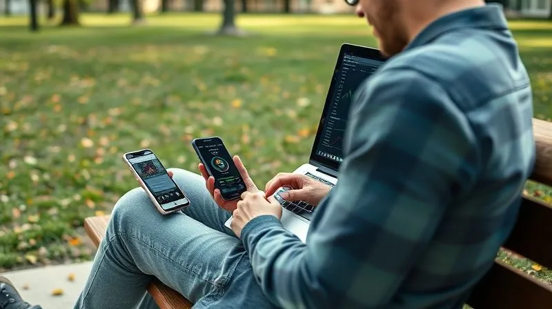 A photorealistic image of a developer sitting outdoors with a laptop and multiple smartphones, testing an app in a real-world, slightly challenging environment (e.g., a park bench with a weak signal). There are graphs and performance metrics displayed on the laptop screen, with cinematic lighting, sharp focus, and 8K hyper-detailed quality.