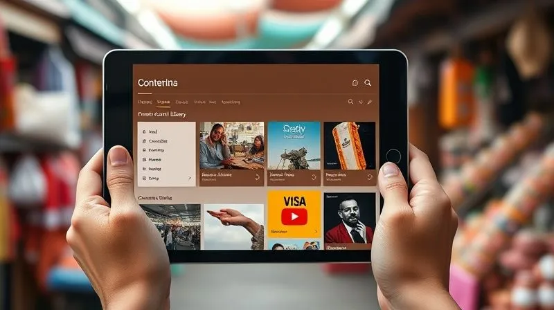 A photorealistic, professional photography, 8K image of a beautifully designed digital content library on a tablet screen, with various categories like 'Travel Guides', 'Remote Work Tips', 'Visa Information', and 'Community Stories'. The tablet is held by hands with a minimalist silver ring, against a background of a bustling, colorful street market in Southeast Asia, with blurred motion in the background. Cinematic lighting, sharp focus on the tablet screen, depth of field creating a vibrant blur, conveying information access on the go.