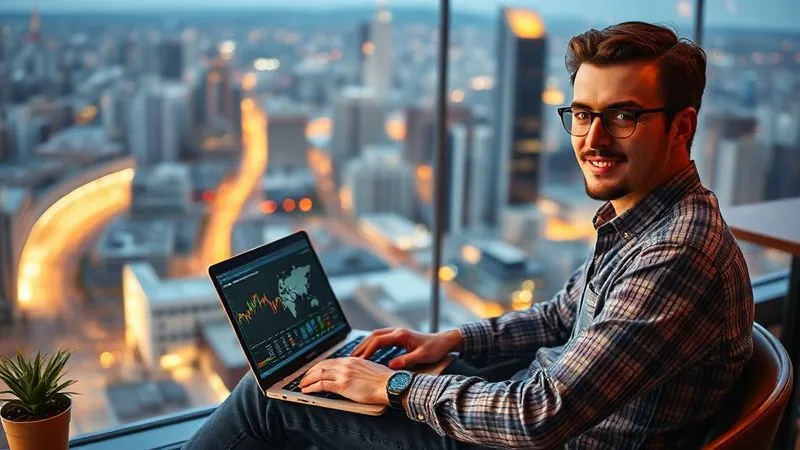A photorealistic image of a person sitting confidently with a laptop at a cafe overlooking a bustling city, a world map subtly in the background. Financial charts are visible on the laptop screen, but the person looks calm and in control. Warm, inviting cinematic lighting, sharp focus on the person and laptop, depth of field blurring the city. 8K hyper-detailed, professional photography, shot on a high-end DSLR.