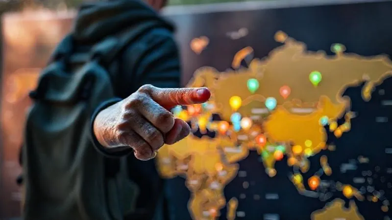 A photorealistic image of a hand pointing to various glowing investment markers on a global map, with distinct colors representing different asset classes and geographic regions. Cinematic lighting, sharp focus on the map, depth of field blurring a traveler's backpack in the background, 8K hyper-detailed, professional photography.