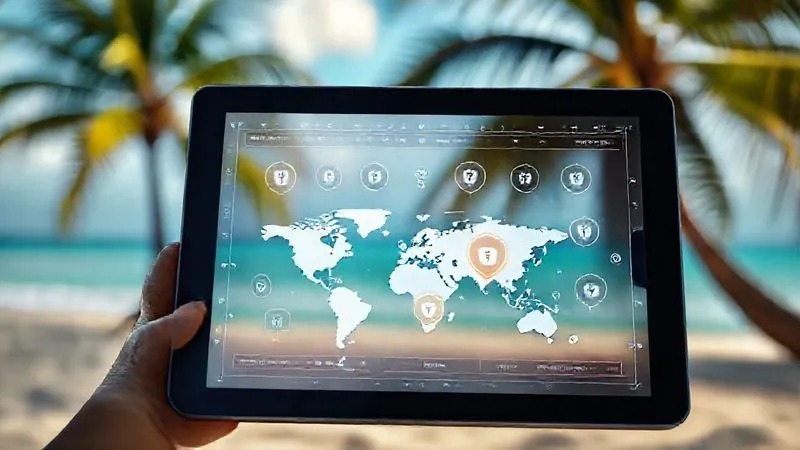 A photorealistic image of a secure digital vault interface on a tablet, displaying various currency symbols and a world map with security shields. Cinematic lighting, sharp focus on the tablet screen, depth of field blurring a serene beach background with a palm tree, 8K hyper-detailed, professional photography.