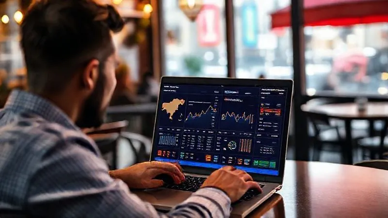 A photorealistic image of a digital nomad using a laptop, displaying a dashboard with real-time global investment metrics, charts, and currency exchange rates. Cinematic lighting, sharp focus on the laptop screen, depth of field blurring a vibrant café in a foreign city, 8K hyper-detailed, professional photography.