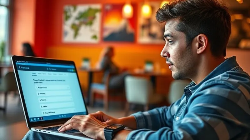 A photorealistic, professional photography, 8K, cinematic lighting, sharp focus, depth of field, shot on a high-end DSLR, depicting a person sitting comfortably in a vibrant co-working space, looking at a laptop screen with a curious and engaged expression. The screen displays interactive e-learning content, possibly a quiz or a simulation, with subtle indications of global travel in the background, like a small globe or diverse artwork.
