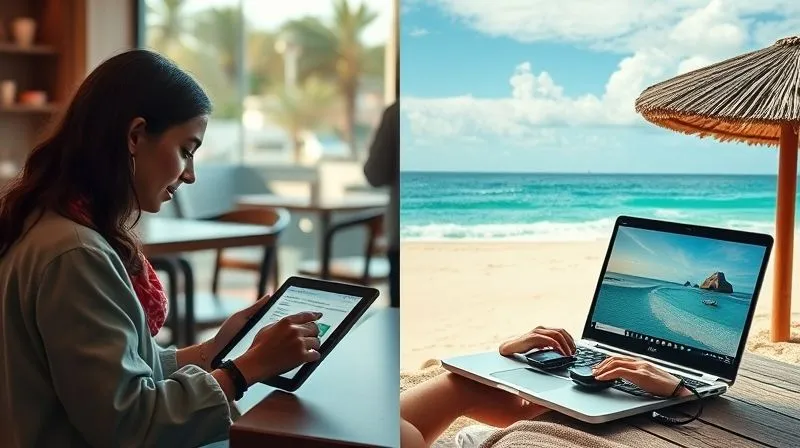 A photorealistic, professional photography, 8K, cinematic lighting, sharp focus, depth of field, shot on a high-end DSLR, showing a split screen or mosaic image. On one side, a digital nomad is learning on a tablet in a cozy cafe in Europe. On the other side, another nomad is learning on a laptop on a beach in Asia. The e-learning content on their screens is subtly different, suggesting personalization. The overall image conveys global reach and individualized learning paths.