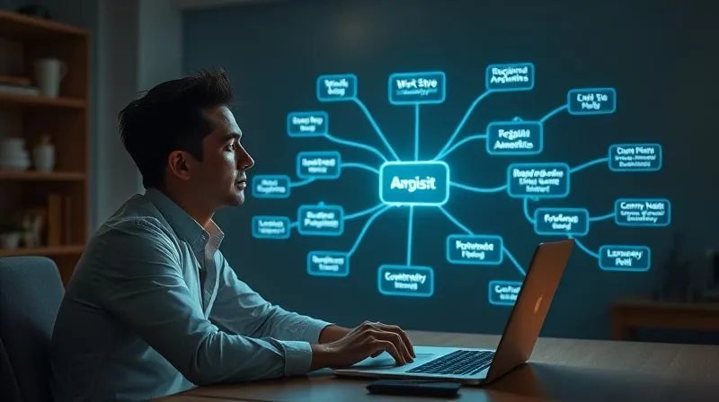 A photorealistic, professional photography, 8K, cinematic lighting, sharp focus, depth of field, shot on a high-end DSLR, of a digital nomad sitting at a desk, looking thoughtfully at a holographic, interactive mind map projected onto the desk surface. The mind map branches out with nodes like 'Work Style', 'Required Amenities', 'Budget', 'Community Needs', and 'Location Preferences', all clearly organized and glowing softly, representing a process of self-assessment and planning.