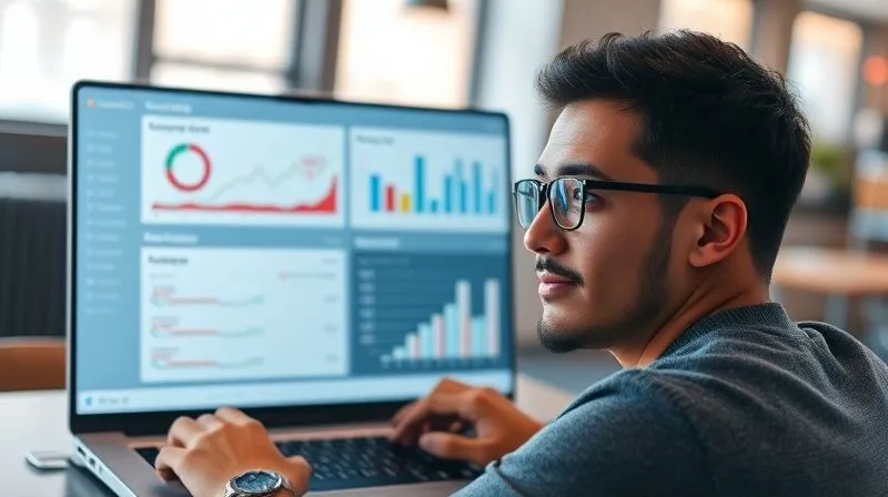 A photorealistic, professional photography, 8K, cinematic lighting, sharp focus, depth of field, shot on a high-end DSLR, of a digital nomad looking at a clean, modern data dashboard on a laptop screen. The dashboard displays various metrics related to coworking usage, cost, productivity, and networking opportunities, visualized with clear graphs and numbers. The nomad's face shows a thoughtful, analytical expression, with a slight hint of satisfaction or realization.