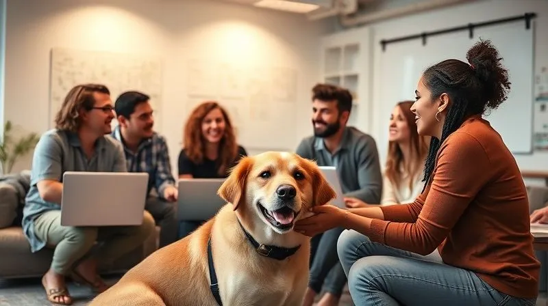 A photorealistic image of a diverse group of digital nomads collaborating and laughing in a modern, brightly lit co-living space common area, with laptops open and whiteboards in the background, cinematic lighting. A person is seen petting a friendly dog in the foreground, representing house-sitting.