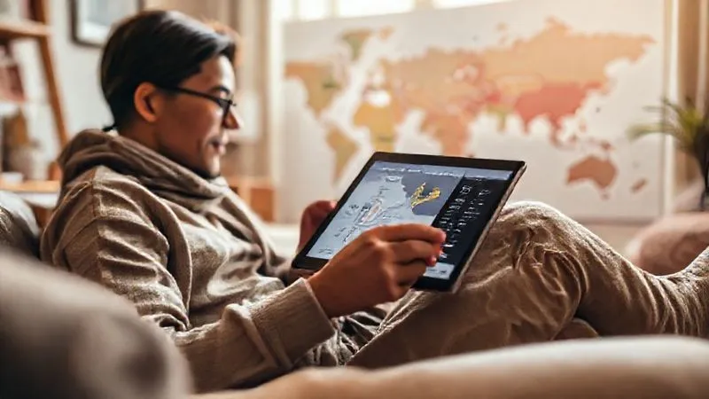 A photorealistic image of a digital nomad meticulously planning their budget and accommodation needs on a tablet, with a map of the world in the background highlighting potential destinations. The scene is set in a cozy, minimalist apartment, with warm, natural light. Professional photography, 8K, cinematic lighting, sharp focus on the tablet and thoughtful expression, depth of field blurring the background, shot on a high-end DSLR.