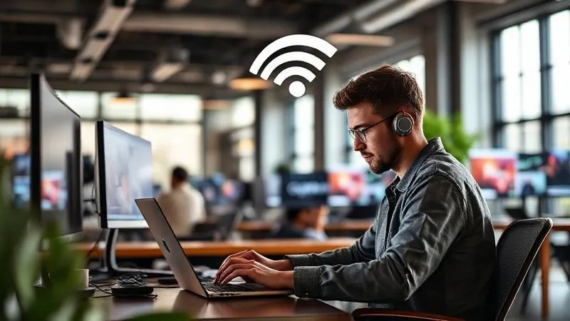 A photorealistic image of a digital nomad working intensely on a laptop in a modern co-working space, with multiple screens and a strong, visible WiFi signal icon above their head. The atmosphere is productive and collaborative, with natural light streaming in. Professional photography, 8K, cinematic lighting, sharp focus on the nomad and their setup, depth of field blurring the background, shot on a high-end DSLR.
