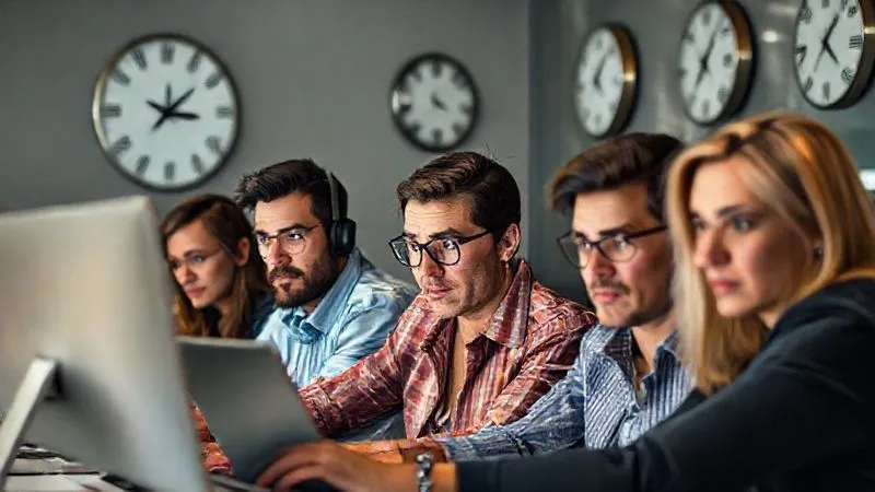 A photorealistic image of a diverse group of remote team members, each in a different global location, looking at their screens with slightly frustrated or confused expressions, surrounded by clocks showing different time zones, cinematic lighting, sharp focus, depth of field, 8K hyper-detailed, shot on a high-end DSLR.